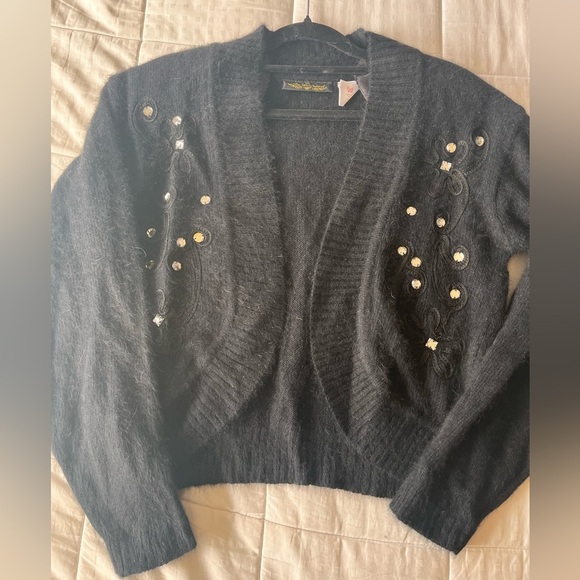 Vintage 80s Mohair Embellished Black Knit Cardigan S - Picture 6 of 12